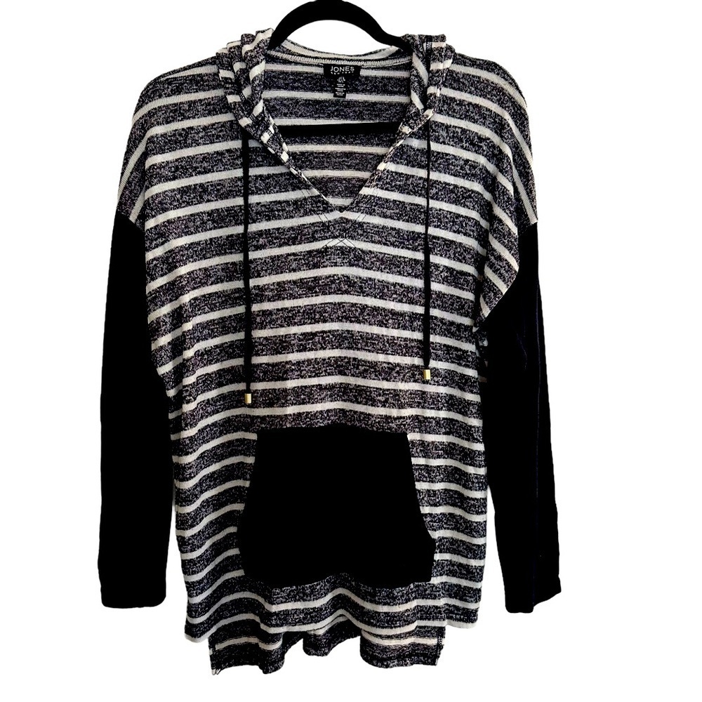 Jones New York navy and white striped hooded pullover sweater beach coastal